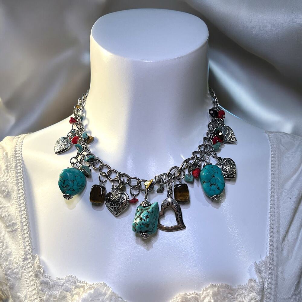 Vintage 90s Y2K Boho Maximalist Heart Charm Necklace with Turquoise
